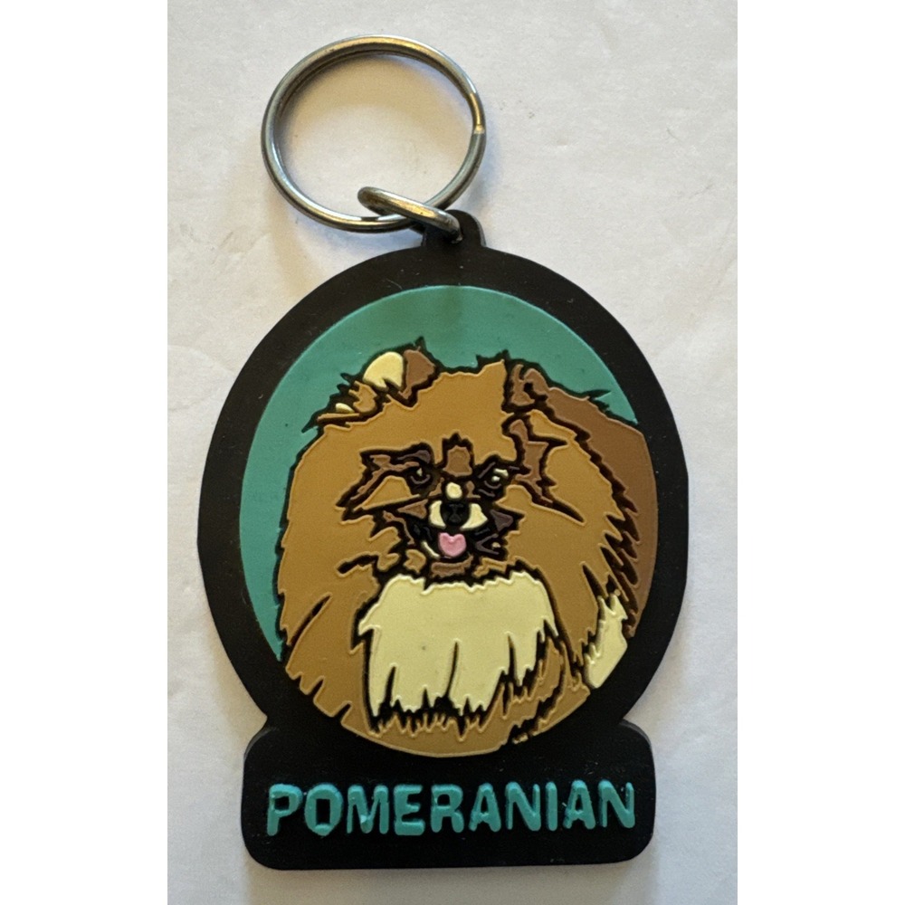 Pomeranian Keychain Etched rubber Vintage 90's SWIBCO Dog keyring NOS